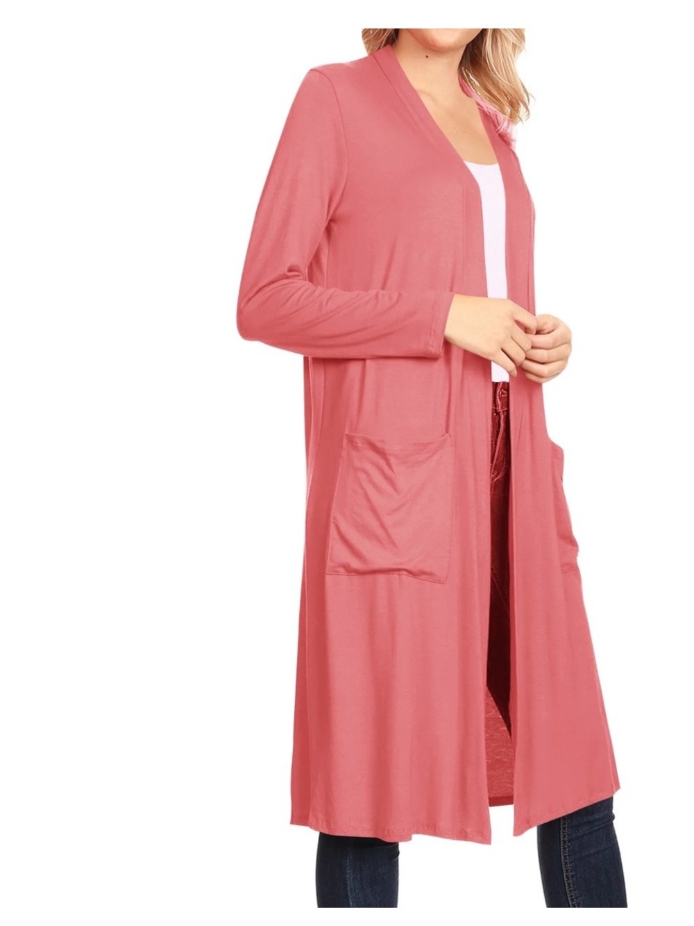 Terra & Sky Long Open-Front Cardigan in Coral Pink Size XL - Picture 3 of 7
